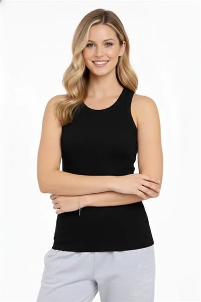 Fitilli Atlet Sıfır Yaka Slim Fit Arka Baskılı Spor Atlet - Siyah