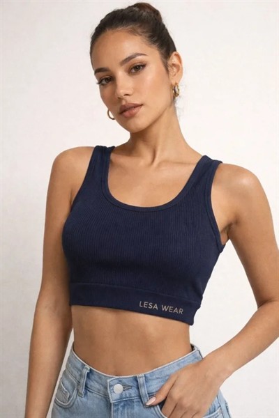 Fitilli Baskılı Crop - Lacivert