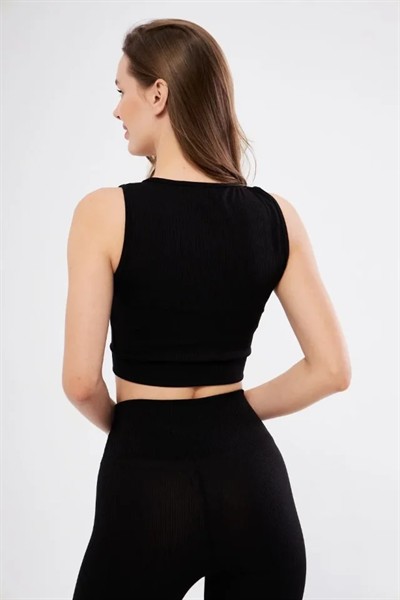 Fitilli Baskılı Crop - Siyah