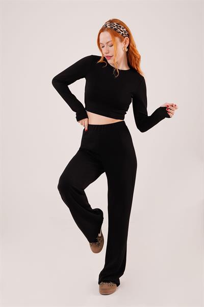 Fitilli Bluz Ve Pantolon Siyah İkili Takım