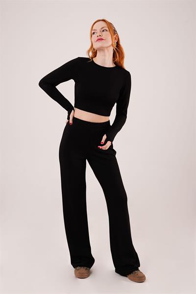 Fitilli Bluz Ve Pantolon Siyah İkili Takım