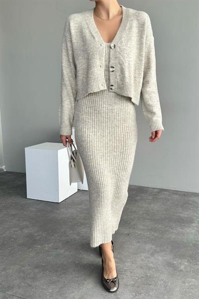 Fitilli Elbise Hırkalı Takım - Açık Bej