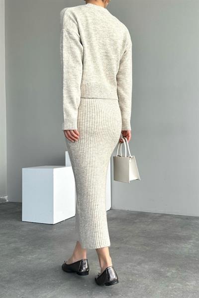 Fitilli Elbise Hırkalı Takım - Açık Bej