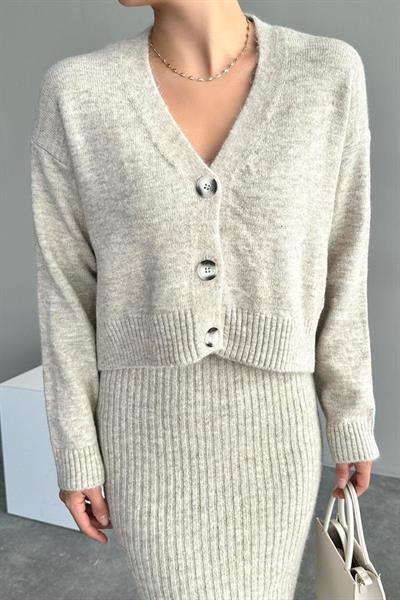 Fitilli Elbise Hırkalı Takım - Açık Bej