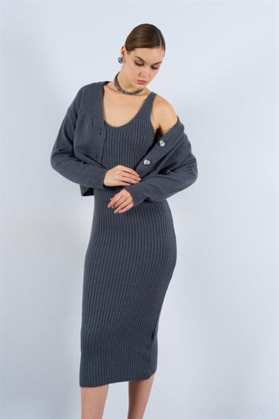 Fitilli Elbise Hırkalı Takım - Füme