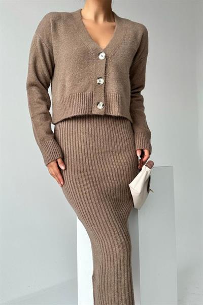 Fitilli Elbise Hırkalı Takım - Koyu Vizon