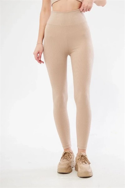 Fitilli Full Likralı Yüksek Bel Toparlayıcı Tayt Günlük Ve Spor Kullanım - Bej