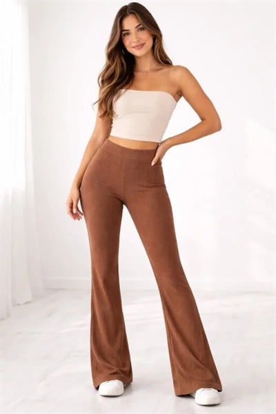 Fitilli Kaşkorse İspanyol Paça Tayt Yüksek Bel Esnek Günlük Rahat Pantolon - Kahverengi