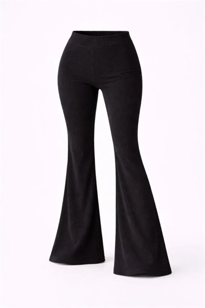 Fitilli Kaşkorse İspanyol Paça Tayt Yüksek Bel Esnek Günlük Rahat Pantolon - Siyah
