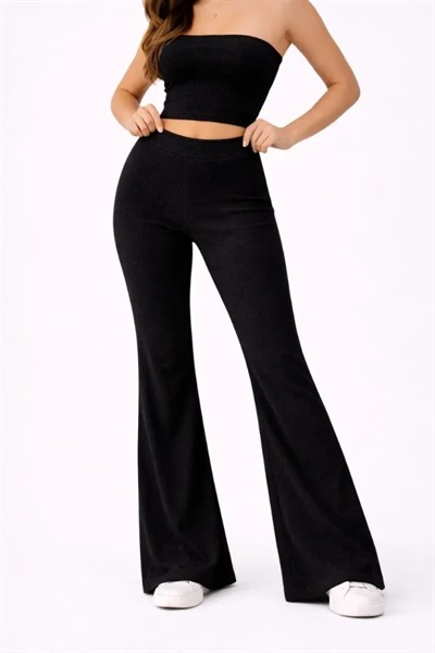 Fitilli Kaşkorse İspanyol Paça Tayt Yüksek Bel Esnek Günlük Rahat Pantolon - Siyah