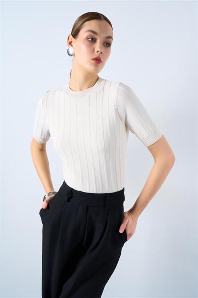 Fitilli Kısa Kol Kazak - Krem