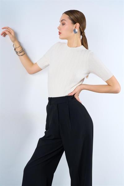 Fitilli Kısa Kol Kazak - Krem