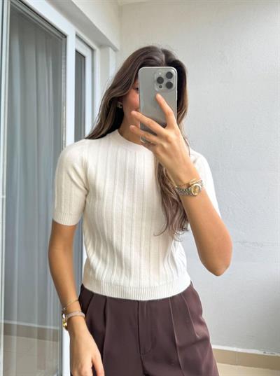 Fitilli Kısa Kol Kazak - Krem