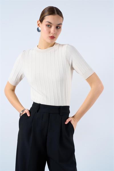 Fitilli Kısa Kol Kazak - Krem