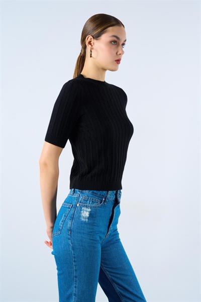 Fitilli Kısa Kol Kazak - Siyah