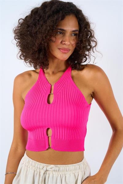 Fitilli Ön Yaka Yırtmaçlı Atlet - Fuşya