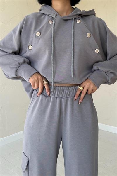 Füme Kapüşonlu Sweatshirt Ve Kargo Pantolon Takım