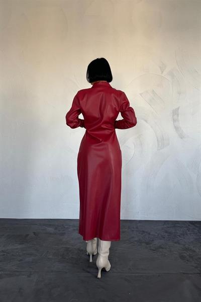 Fuşya Boydan Düğmeli Deri Elbise