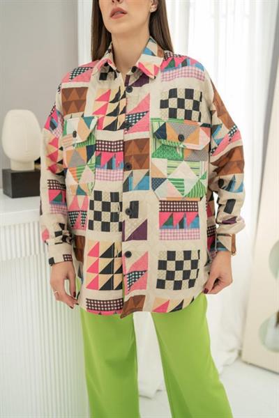 Fuşya Desenli Kapitone Cepli Gömlek