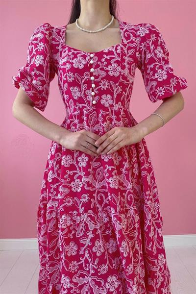 Fuşya Düğmeli Brode Elbise