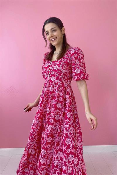 Fuşya Düğmeli Brode Elbise