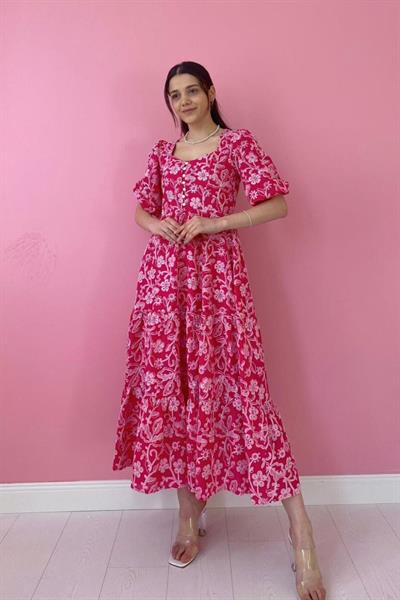 Fuşya Düğmeli Brode Elbise