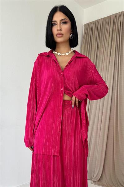 Fuşya Fitilli Gömlek Ve Uzun Etek Takım