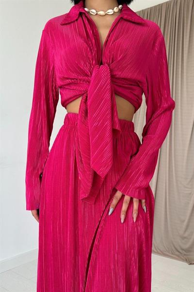 Fuşya Fitilli Gömlek Ve Uzun Etek Takım