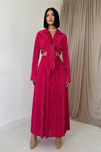 Fuşya Fitilli Gömlek Ve Uzun Etek Takım