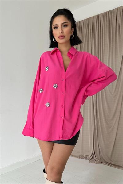 Fuşya Klasik Kalıp El İşlemeli Gömlek
