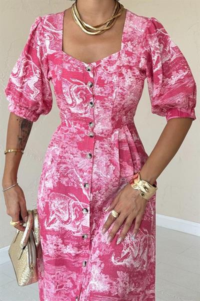 Fuşya Önü Düğmeli Kalp Yaka Elbise