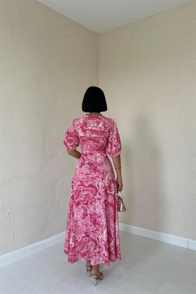 Fuşya Önü Düğmeli Kalp Yaka Elbise