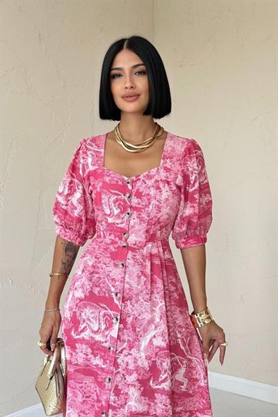 Fuşya Önü Düğmeli Kalp Yaka Elbise