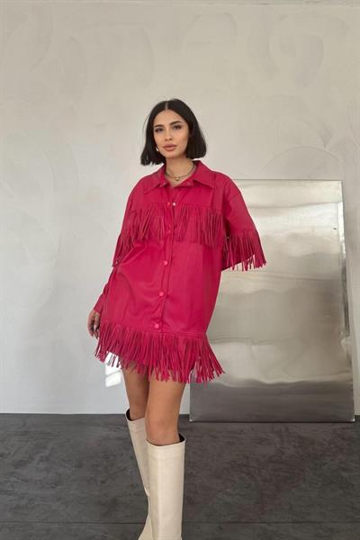 Fuşya Püsküllü Deri Gömlek