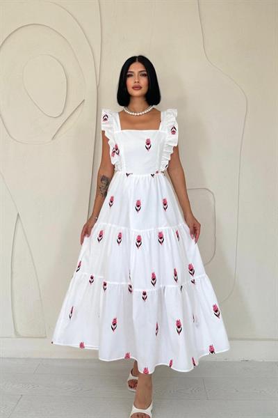 Fuşya Sıfır Kol Fırfırlı Elbise