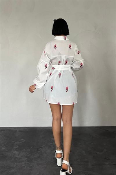 Fuşya Vual Metraj Nakış Kuşaklı Gömlek