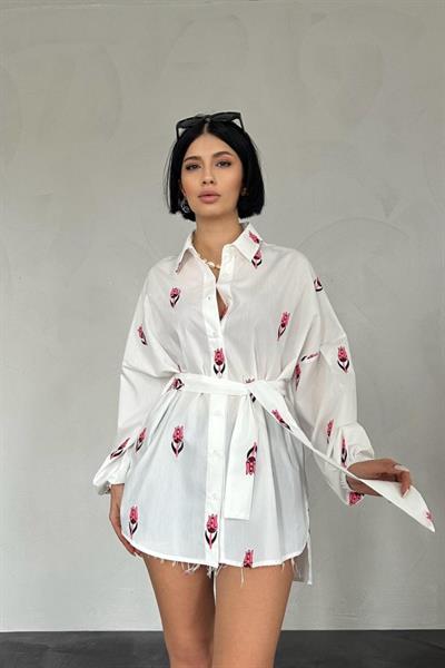 Fuşya Vual Metraj Nakış Kuşaklı Gömlek