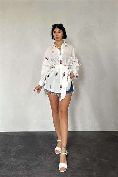 Fuşya Vual Metraj Nakış Kuşaklı Gömlek