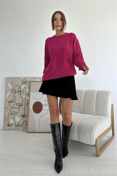 Fuşya Zikzak Boncuklu Triko Kazak