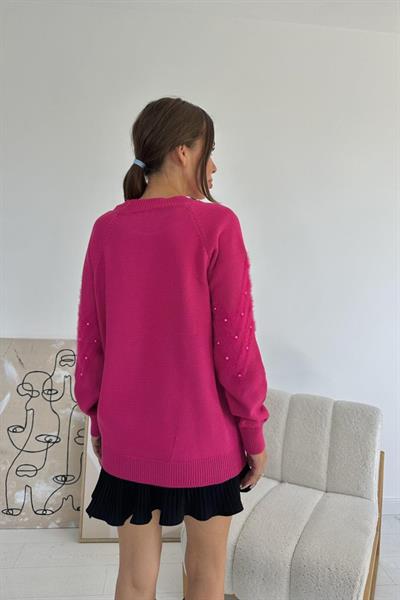 Fuşya Zikzak Boncuklu Triko Kazak