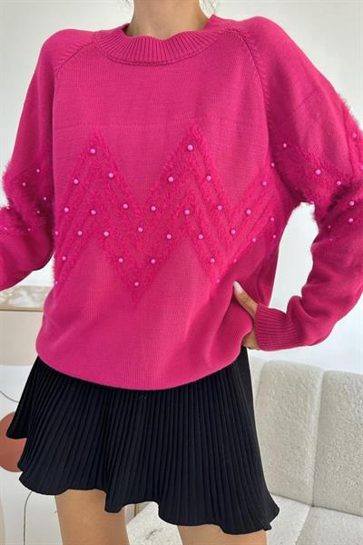 Fuşya Zikzak Boncuklu Triko Kazak