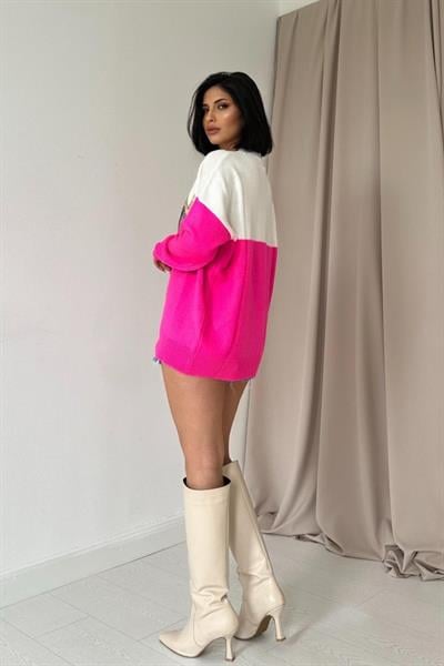 Fuşya Zikzak Desenli Triko Kazak