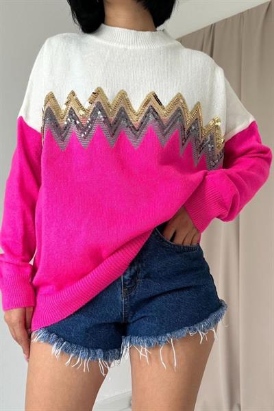 Fuşya Zikzak Desenli Triko Kazak