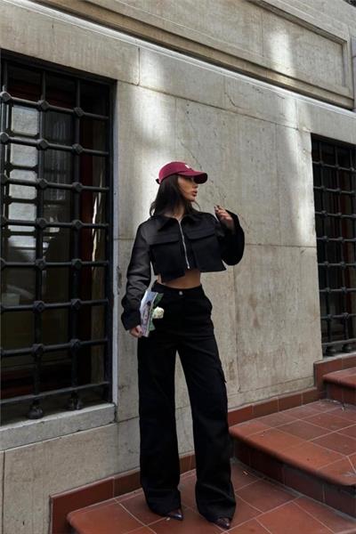 GABARDİN CROP CEKET-KARGO PANTOLON TAKIM - Siyah