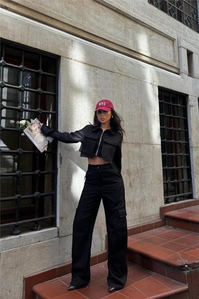 GABARDİN CROP CEKET-KARGO PANTOLON TAKIM - Siyah