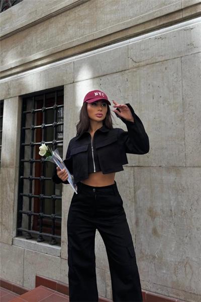 GABARDİN CROP CEKET-KARGO PANTOLON TAKIM - Siyah