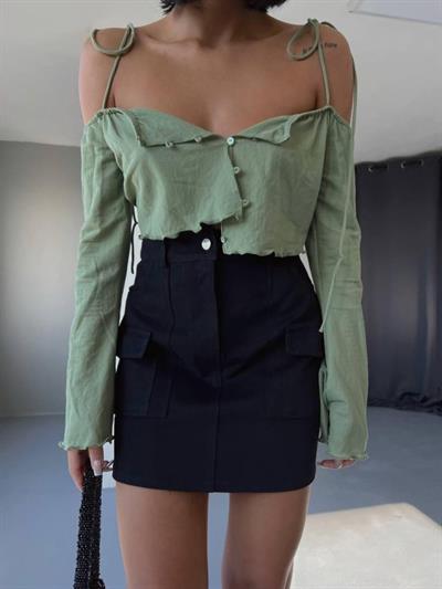 GABARDİN KISA ETEK CEP DETAYLI - Siyah