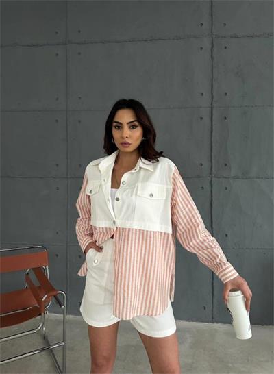 GABARDİN ŞORT - GABARDİN - ÇİZGİLİ KETEN GARNİLİ CEKET TAKIM - Orange