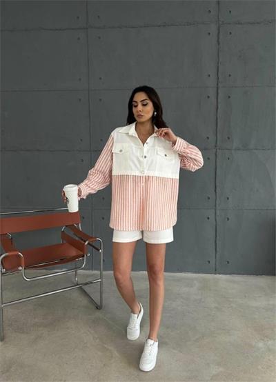 GABARDİN ŞORT - GABARDİN - ÇİZGİLİ KETEN GARNİLİ CEKET TAKIM - Orange