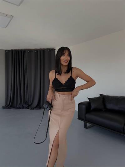 GABARDİN UZUN ÖNDEN YIRTMAÇLI ETEK - Kahverengi